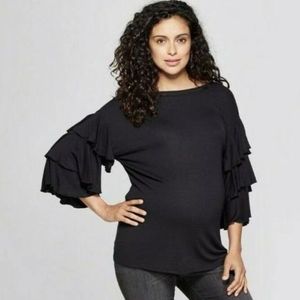 Isabel Maternity Ruffle Flounce Sleeve Top Black